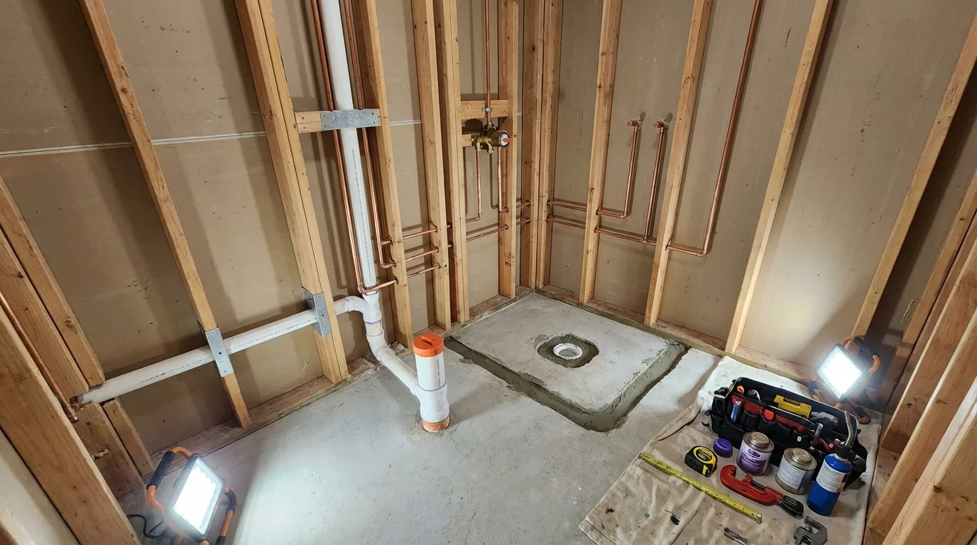 Bathroom rough-in plumbing during remodel by Johns Plumbing LLC in Hacienda Heights