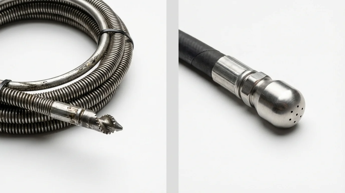 Drain snake cable and hydro jetting nozzle used for drain cleaning in Hacienda Heights, CA