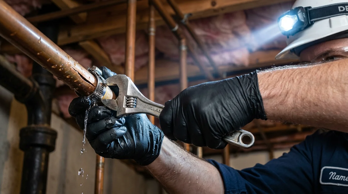 Emergency pipe clamp repair being performed by a Johns Plumbing LLC plumber in Hacienda Heights