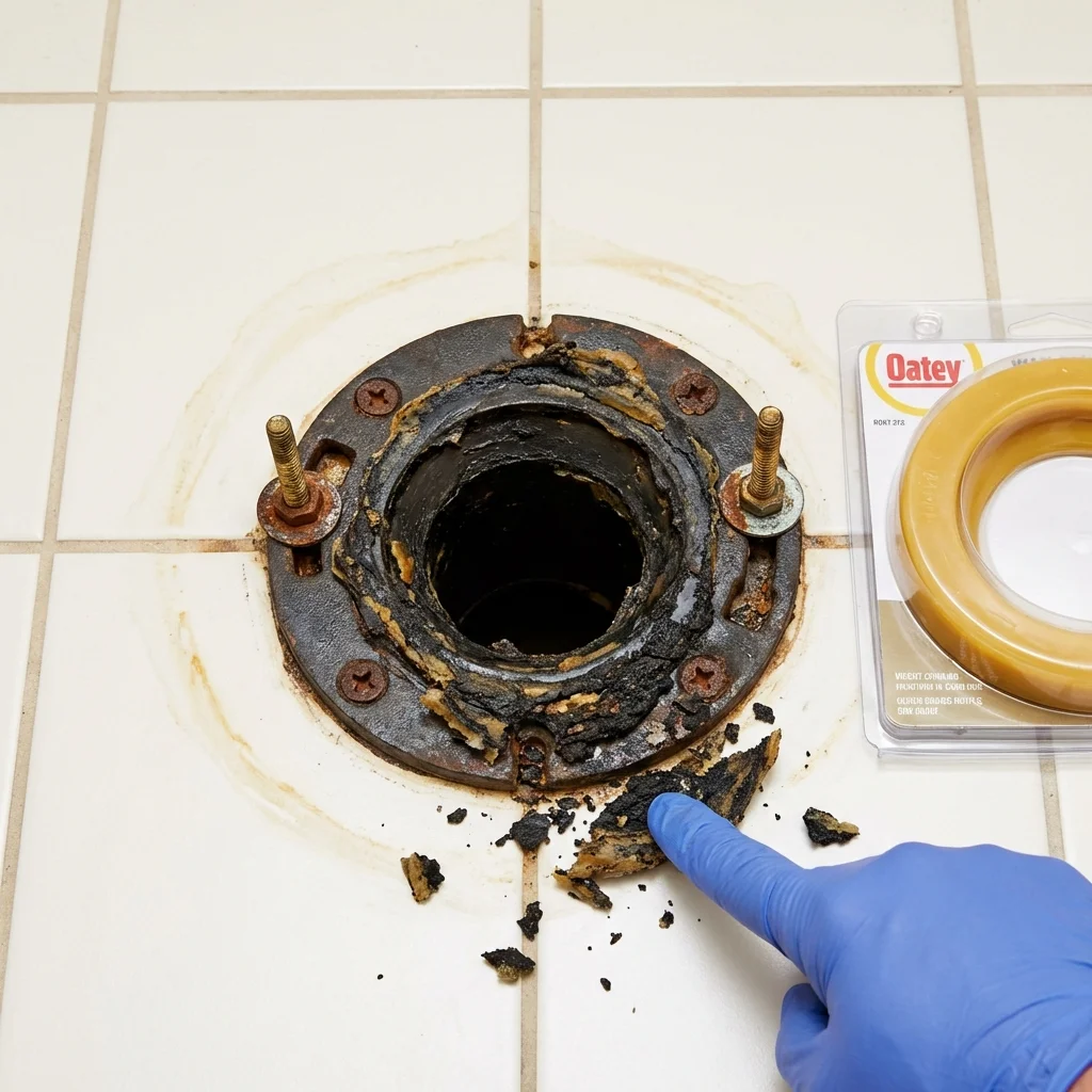 Failed wax ring showing water seepage at the base of a toilet in a Hacienda Heights, CA home