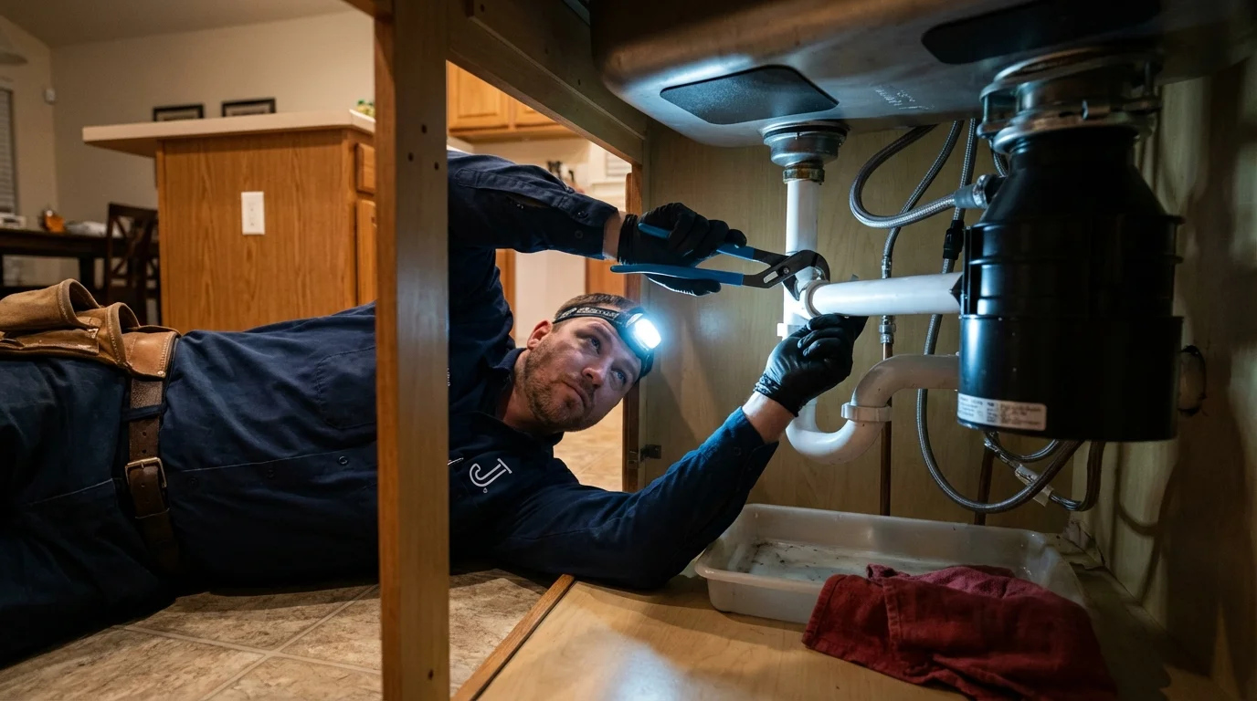 P-trap and supply line connections under a kitchen sink showing a common leak point in Hacienda Heights, CA